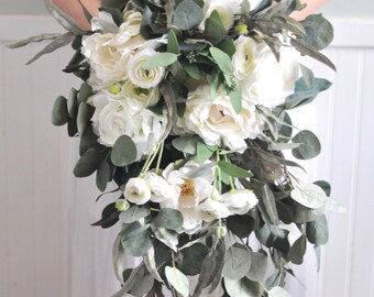 Rinlong Kaskaden-Hochzeitsstrauß – Weiß & Salbeigrün Aus Seidenblumen | Üppiger Brautstrauß, Künstlich & Langlebig, Perfekt Für Elegante Hochzeiten