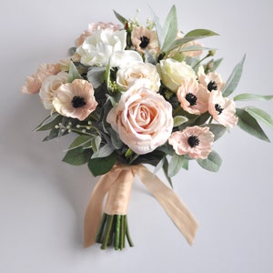 wedding bouquet, wedding flowers, bridal bouquet, boho, eucalyptus, poppy, anemone, rose, silk flowers, destination wedding, wedding, blush