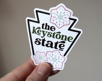 The Keystone State with Mountain Laurel Flowers, Pennsylvania Water Resistant Vinyl Sticker for Water Bottle, Laptop, Phone