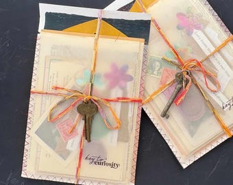 Key to Curiosity Junk Journal Kit — Vintage Ephemera, Wax Seals, Handmade Collage Supplies