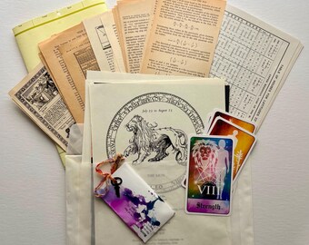Leo Zodiac Ephemera Pack, Vintage Horoscope Pages, Tarot Cards, Wax Seals