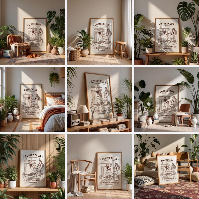 May include: A framed poster with the text "COFFEE CLUB" and "EVERY MORNING Sweet Daily" features a vintage-style illustration of a woman operating a coffee machine. The poster is displayed in various interior settings with plants and furniture.
