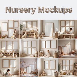 May include: A collection of nursery mockups featuring various interior scenes with blank picture frames. The scenes include children's rooms with toys, dogs, and children interacting with the environment. The text "Nursery Mockups" is displayed at the top.