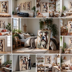 Puede incluir: Una serie de impresiones artísticas enmarcadas con una ilustración detallada de un bulldog. El perro se representa con pelaje marrón y blanco, una cara arrugada y una mirada atenta. Las obras se exhiben en varios entornos interiores.