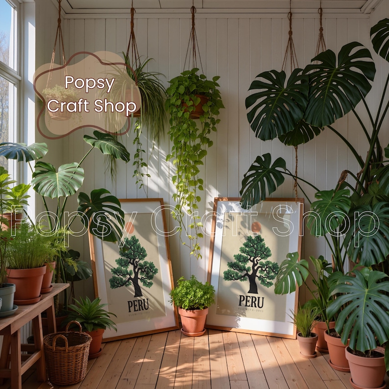 May include: A bright, sunlit room filled with potted plants and framed art. Two framed prints with a tree graphic and the word "PERU" are propped against a wall. Hanging plants and various potted plants create a lush, green environment. The shop name "Popsy Craft Shop" is visible.