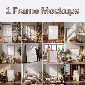May include: A collection of nine mockups featuring framed artwork in various interior settings. The frames are in different styles and sizes, with a variety of backgrounds, including kitchens, bedrooms, and living rooms. The text "1 Frame Mockups" is at the top.