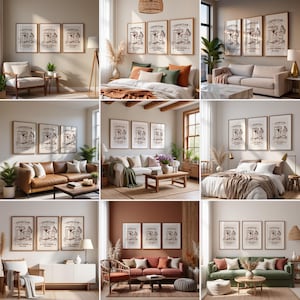 Puede incluir: Nueve imágenes de entornos de diseño de interiores, cada una con un conjunto de tres impresiones enmarcadas. Las impresiones tienen un tema de café vintage, con las palabras "Coffee Club" e ilustraciones de equipos para hacer café. Los marcos son de un tono de madera cálido.