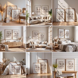 Puede incluir: Una colección de impresiones artísticas enmarcadas con ilustraciones botánicas y diseños temáticos de café. Las impresiones se exhiben en varios entornos interiores, incluyendo salones y dormitorios, con paletas de colores neutros y texturas naturales.