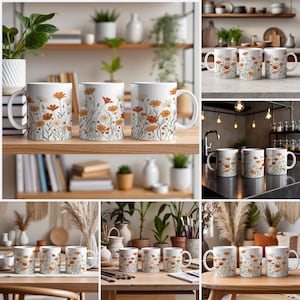 May include: White ceramic mugs with a floral design featuring orange and cream-colored flowers and green stems. The mugs have a curved handle and are displayed in various settings, including on shelves and tables.