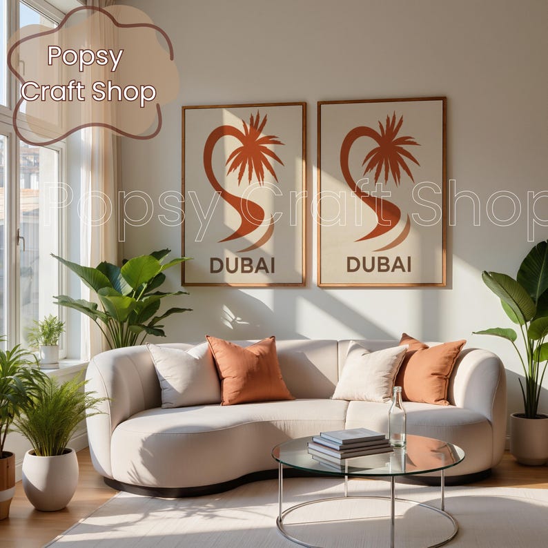 May include: Two framed art prints with a beige background, featuring a stylized palm tree design in orange and the word "DUBAI" in a bold font. The prints hang above a curved beige sofa with orange and cream pillows.