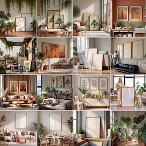 May include: A collection of framed art prints and blank frames in various interior settings. The prints feature botanical and travel-themed illustrations, including cacti, trees, and abstract designs. The frames are in natural wood tones, and the rooms are decorated with plants.