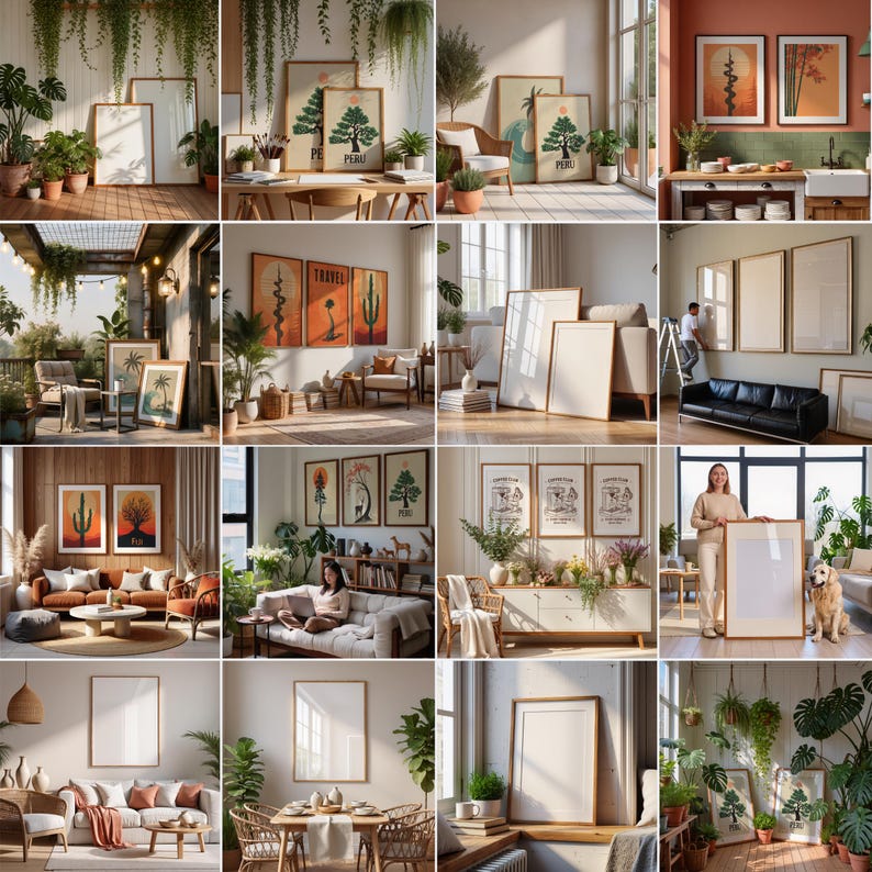 May include: A collection of framed art prints and blank frames in various interior settings. The prints feature botanical and travel-themed illustrations, including cacti, trees, and abstract designs. The frames are in natural wood tones, and the rooms are decorated with plants.