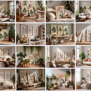 Puede incluir: Colección de láminas artísticas enmarcadas con ilustraciones de temática natural. Las láminas muestran un ciervo bajo un árbol en flor, un árbol con la palabra "PERU" y diseños relacionados con el café. Los marcos son de un tono cálido de madera natural.