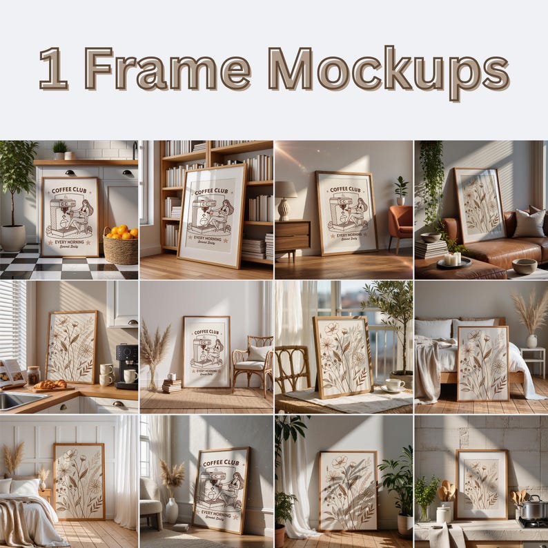 180 wall art mockup bundle with PSD and PNG files showing framed posters and artwork in realistic interior scenes. Includes gallery wall mockups, modern and Scandinavian wall decor, frame mockups, poster displays, art print mockups, and interior wall mockups for Etsy listings, digital artists, designers, and print sellers. Easy to edit in Photoshop or Photopea.