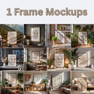 May include: A collection of framed art mockups showcasing various interior design settings. The frames display botanical prints and a "Coffee Club" poster. The image features a variety of rooms, including a living room, kitchen, and outdoor patio, with natural light and decor.