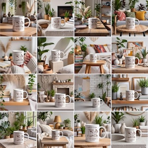 May include: White ceramic coffee mug with a black and brown illustration and text that reads "Coffee Club Every Morning is Sweet Dreams". The mug has a curved handle and is surrounded by plants.