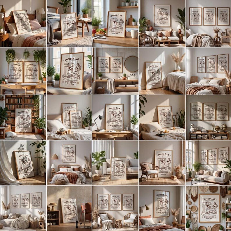 May include: A collection of framed art prints featuring a vintage-style coffee machine illustration with the text "Coffee Club Every Morning". The prints are in a variety of interior settings, including bedrooms and living rooms.