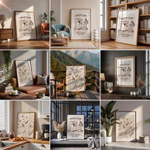 Puede incluir: Una colección de láminas artísticas enmarcadas. Una lámina presenta una ilustración de una máquina de café con el texto "COFFEE CLUB" y "EVERY MORNING, Brewed Daily." Otras láminas muestran ilustraciones botánicas en tonos neutros. Las láminas se muestran en varios interiores.