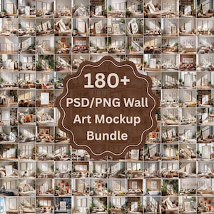 Puede incluir: Un conjunto de maquetas de diseño de interiores que presentan varias habitaciones con arte enmarcadas y decoración. La imagen incluye una insignia marrón con el texto "180+ PSD/PNG Wall Art Mockup Bundle". Las habitaciones muestran diferentes estilos y arreglos.