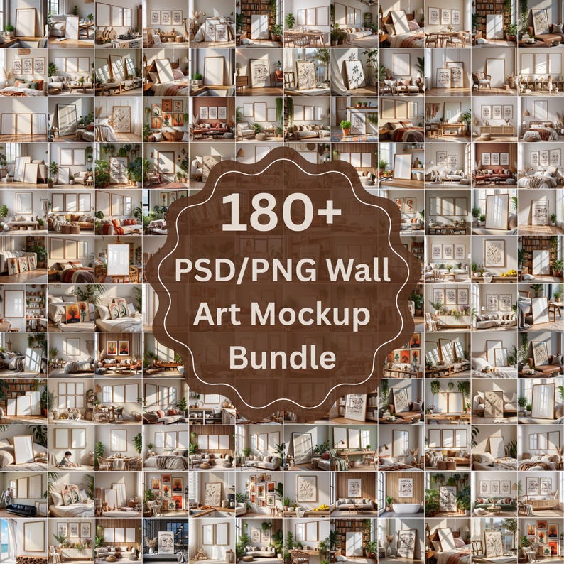 180 wall art mockup bundle with PSD and PNG files showing framed posters and artwork in realistic interior scenes. Includes gallery wall mockups, modern and Scandinavian wall decor, frame mockups, poster displays, art print mockups, and interior wall mockups for Etsy listings, digital artists, designers, and print sellers. Easy to edit in Photoshop or Photopea.