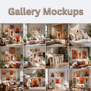 May include: Gallery mockups featuring framed art prints with nature-themed illustrations in orange, brown, and white. The prints depict trees, cacti, and abstract designs, displayed in various interior settings, including living rooms and bedrooms.
