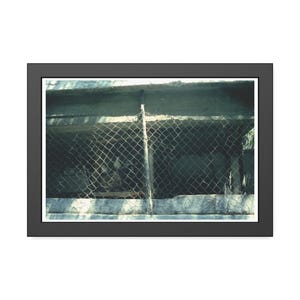 Puede incluir: Fotografía enmarcada de una zona enjaulada, probablemente un recinto para animales. La jaula está construida con una malla de alambre y soportes de hormigón. La imagen tiene una paleta de colores apagados, con tonos verdes y grises.