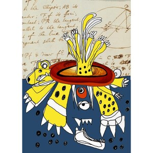 May include: Abstract artwork depicting a yellow creature with black spots, a red ring, and multiple eyes. The background features handwritten text and geometric diagrams, with a blue lower section.