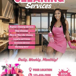 Può includere: Annuncio di servizi di pulizia rosa e bianco. Le parole "CLEANING Services" sono in grandi lettere rosa. L'annuncio elenca i servizi, le informazioni di contatto e un sito web. Una donna con un grembiule e guanti rosa tiene in mano un flacone spray.