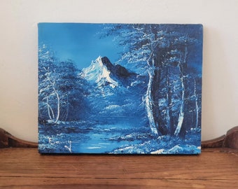 Original oil painting blue mountains winter scene signed / vintage oil painting blues scenic mountains trees / blue painting / original art