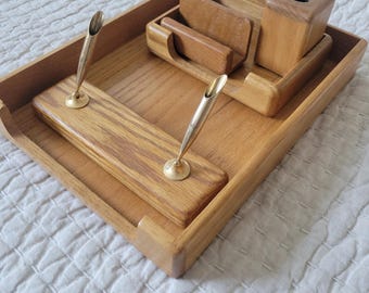 Vintage oak desk set / 5 piece desk organizer / wooden desk set organizer / wooden tray / executive set / business desk set / oak wood set