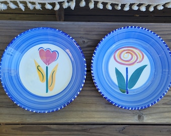 Vintage pasta bowls / pasta bowl set / italian painted bowls / italian bowl set / flower bowls / blue pasta bowls / big bowls / blue floral