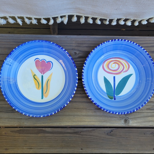 Vintage pasta bowls / pasta bowl set / italian painted bowls / italian bowl set / flower bowls / blue pasta bowls / big bowls / blue floral