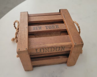 Coasters in a crate / Wood coasters / vintage coasters / coasters with box / wood cork / rustic coasters / travel coasters / drink coasters