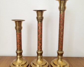 Vintage solid brass candlesticks / taper candle holders / india / painted inlay brass candle holders / vintage trio brass / tall candlestick