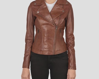 Brown Leather Biker Jacket | Women’s Sheepskin Moto Coat