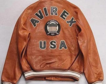 Chaqueta de cuero vacuno Avirex USA estilo motero, clásica, color marrón.