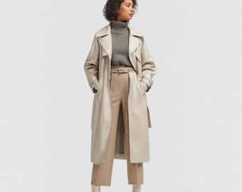 Women’s Beige Leather Coat Dress | Vintage-Style Belted Genuine Leather Trench | Chic Fall & Winter Outerwear