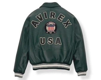 Men’s Vintage Avirex Leather Jacket | 90s Retro Bomber Coat | Genuine Leather Aviator-Style Streetwear