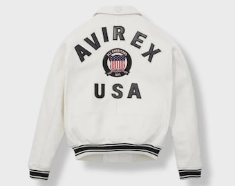 Handmade White Vintage USA Avirex Leather Bomber Jacket, 90s Aviator Style Coat