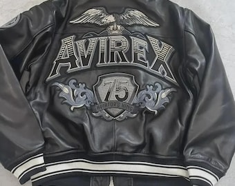 Chaqueta bomber Avirex de cuero negro hecha a mano: Aviator King 75 de piel de vacuno