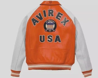 Chaqueta bomber de cuero Avirex naranja hecha a mano, estilo aviador vintage de los 90