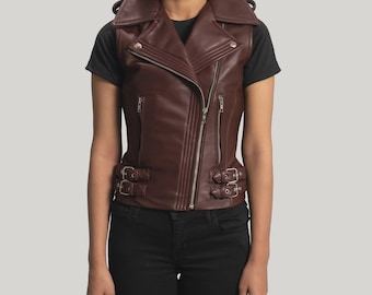 Gilet da motociclista in pelle Rhonda Maroon da donna / Stile motociclistico vintage / Capispalla alla moda per lei