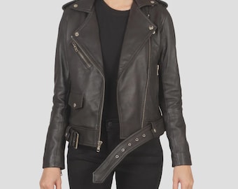 Brown Sheepskin Biker Fashion Leather Jacket | Women's Moto Coat, Removable Belt