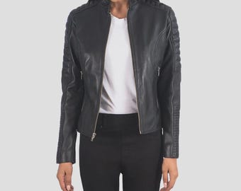 Women's Black Sheepskin Biker Fashion Leather Jacket | Quilted Moto Coat