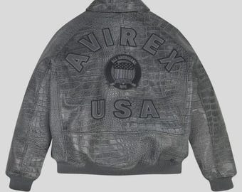 Avirex USA Icon Distressed Croc Genuine Leather Bomber Jacket