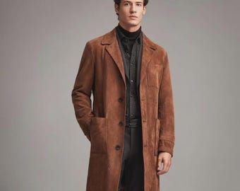 Handmade Vintage Brown Suede Trench Coat - Men's Long Leather Outerwear