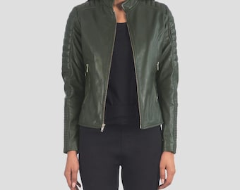 Handmade Green Sheepskin Leather Biker Jacket | Women's Moto Coat
