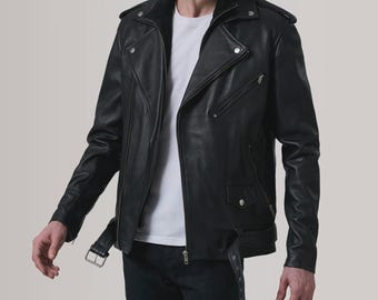 Handgefertigte schwarze Schaffellleder Bikerjacke | Double Rider Motorradjacke