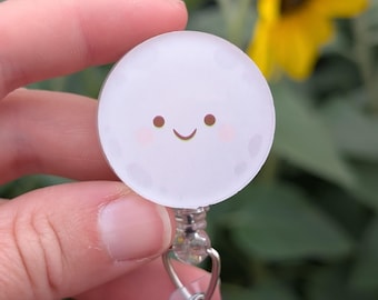 Happy Moon Badge Reel, Nurse ID Holder, Whimsical Acrylic Topper