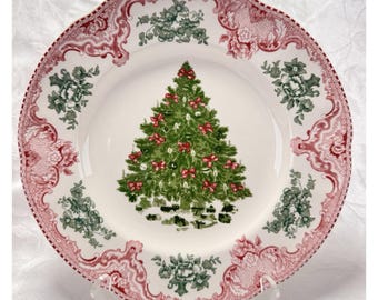Johnson Bros. Old Britain Castles Christmas Green & Pink Tree 10.5" Dinner Plate